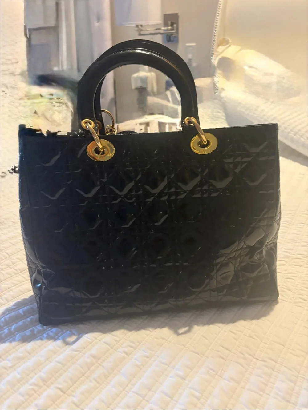 Dior Black Quilted Patent Tote Bag with Gold Charm